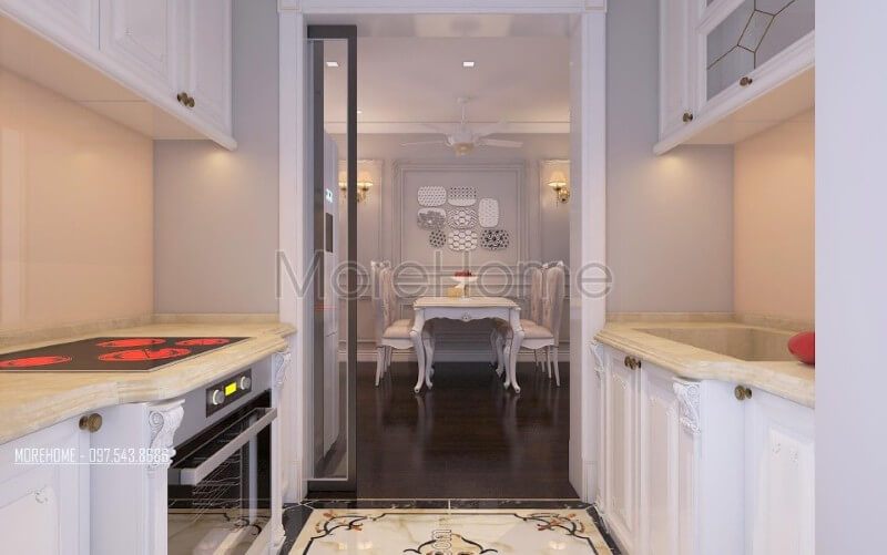 Nội thất phòng bếp chung cư được bố trí khoa học giúp cho người nội trợ dễ dàng hơn trong quá trình nấu nướng, di chuyển.